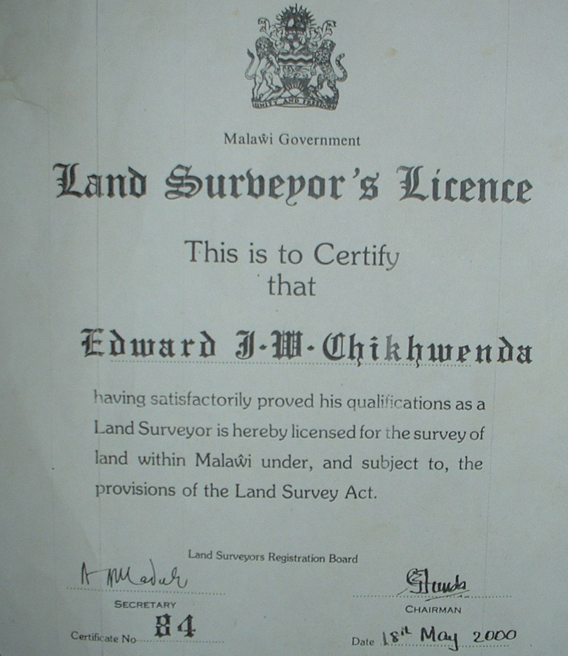 Malawi Government Land Surveyor's Licence certifying Edward J.W. Chikhwenda